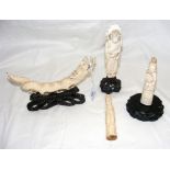 Interesting carved ivory dragon on wooden stand, together with three carved ivory figures
