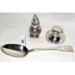 Silver pepperette, serving spoon and inkwell