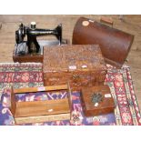 A small carved box, together with sewing machine, book rack and jewellery box (upstairs)