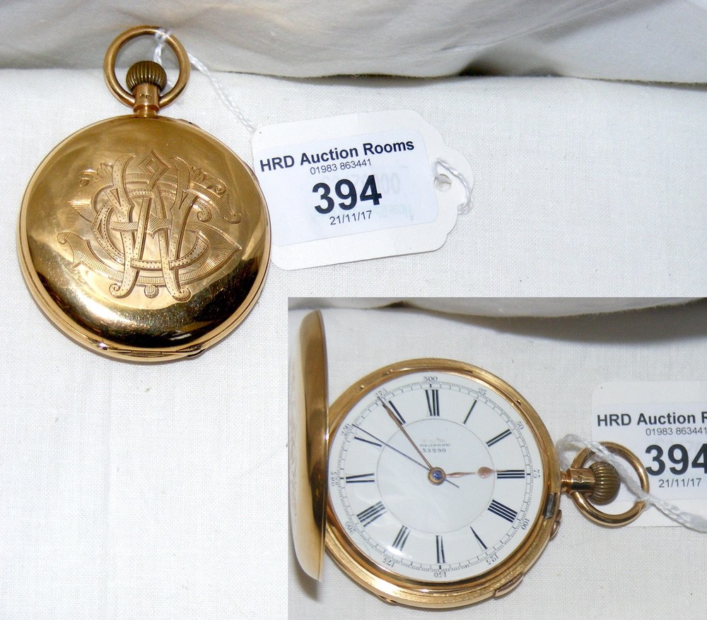 A gent's 18ct gold full hunter pocket watch with enamel dial - 133g