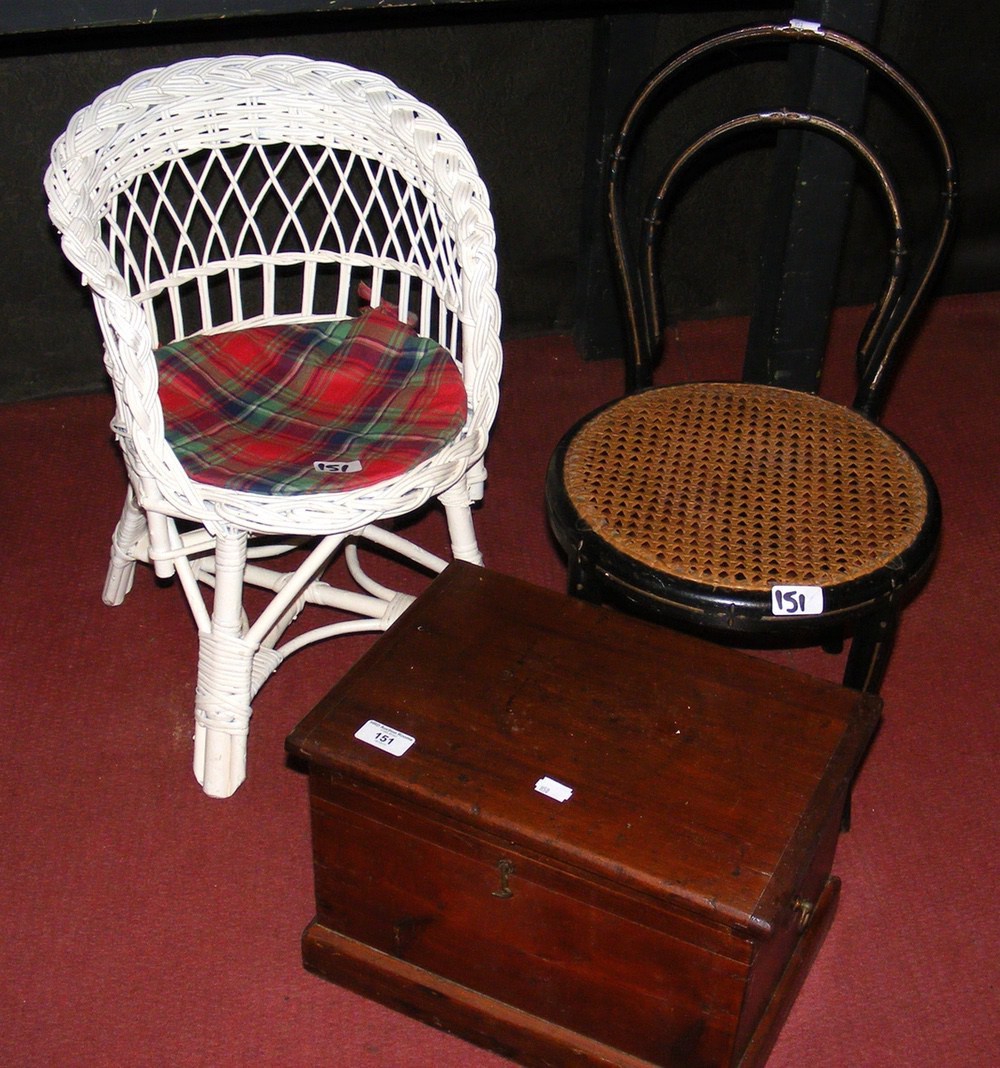 Two small child's chairs, together with a child's antique commode in wooden box