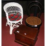 Two small child's chairs, together with a child's antique commode in wooden box