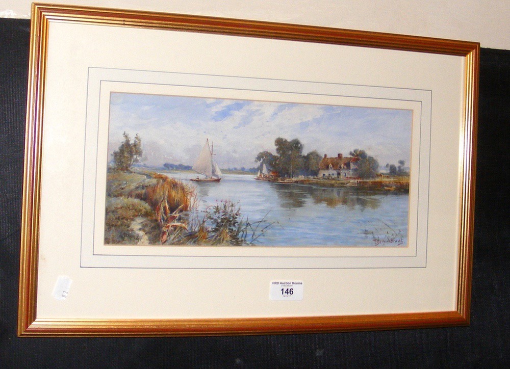 SMITH - original watercolour of sailing boat in river setting