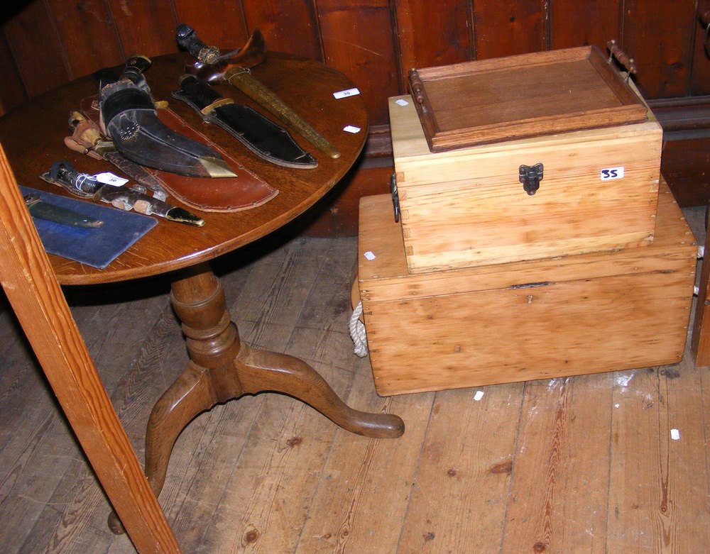 Antique oak tripod table, together with two wooden boxes and a serving tray