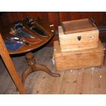Antique oak tripod table, together with two wooden boxes and a serving tray