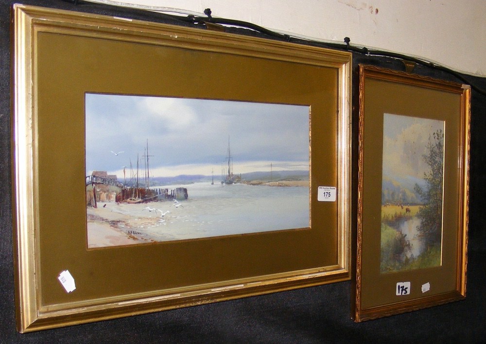 Antique watercolour of estuary scene, together with a watercolour of country river scene