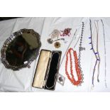 Silver sifter spoon, costume jewellery, etc.