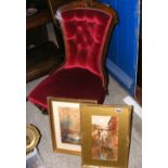 Antique easy chair, together with two watercolours
