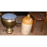 A large stoneware flagon, together with a brass log bin and stool