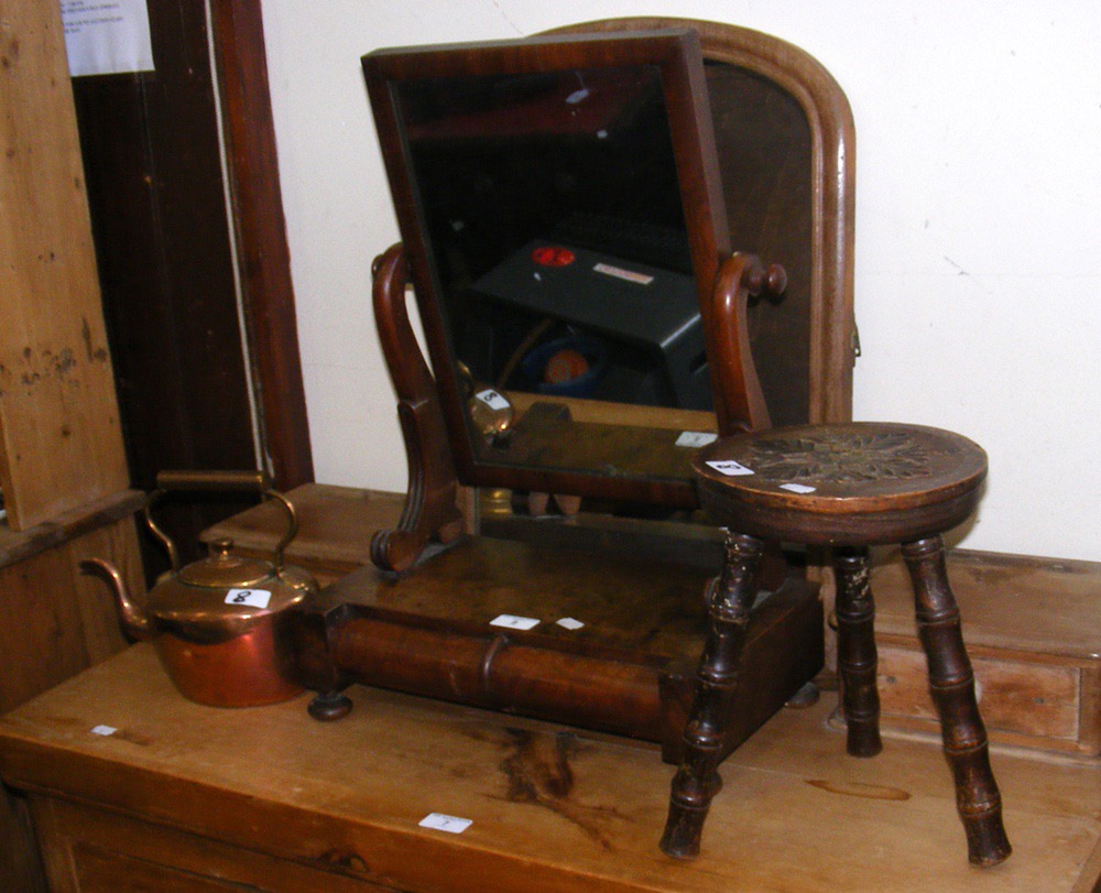 Victorian toilet mirror, small stool and Harrods copper kettle