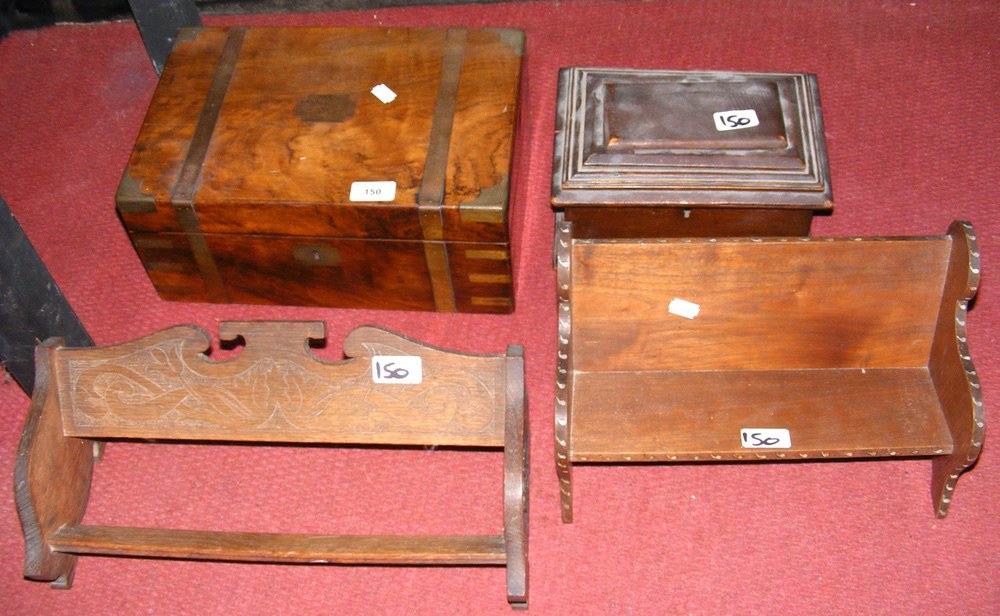 Antique writing slope, wooden casket, together with two bookshelves