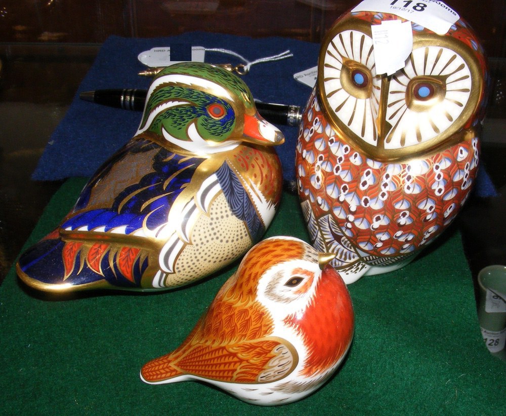 A Royal Crown Derby Owl paperweight, together with two others