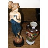 Victorian glass vase with painted floral decoration, together with a pottery figure of semi-nude