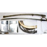 Antique curved Cavalry sword with brass pierced hilt and metal scabbard - 107cm long