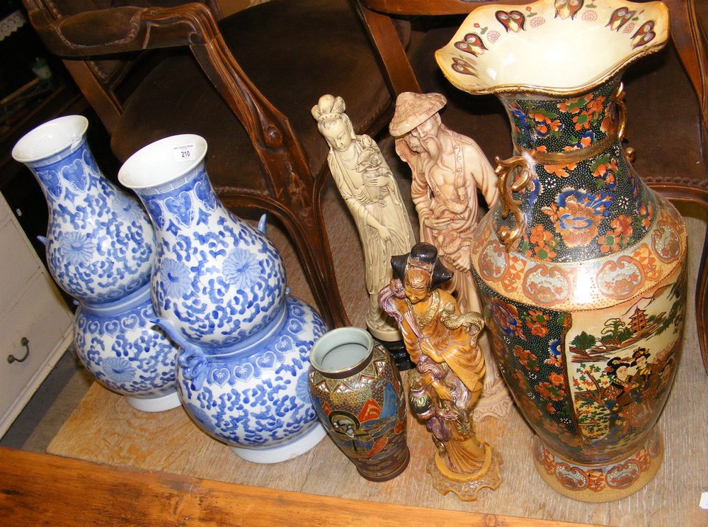 A pair of oriental style gourd vases, etc.