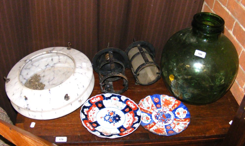 A 1920's glass light shade, Imari plates, carved spear