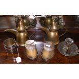 A pair of novelty plated horseshoe inkwells, beaker, etc.