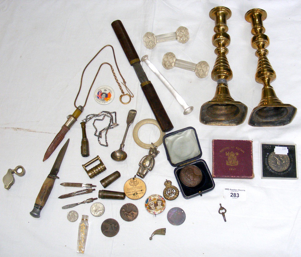 Pair of old brass candlesticks, coins, etc.