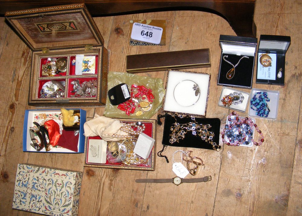 Selection of costume jewellery, including necklaces, ladies 9ct gold watches, etc.