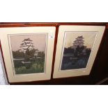 A pair of Chinese block prints with writing in pencil by the Artist to the mount - 38cm x 24cm