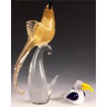 A Venetian large Murano Glass SCULPTURE of an exotic Bird 32cm high and a similar smaller Glass Bird