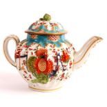 An unusual 1st period Worcester TEAPOT the fluted body with colourful floral and branch decoration