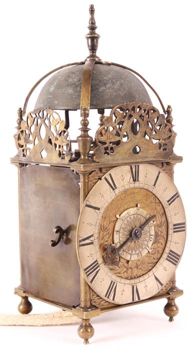 JOHN EBSWORTH, AT YE CROSSED KEYS IN LOTHBURY, LONDINI FECIT A fine Charles II Brass LANTERN CLOCK - Image 3 of 8