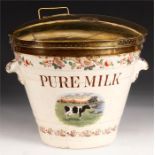 An unusual late 19th Century Ceramic PURE MILK PALE of two handled bound tapering form with floral