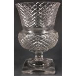 A 19th Century Regency style large thistle shaped cut glass square pedestal VASE with overall