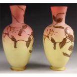 A pair of 19th Century Webbs Burmese shaded yellow and pink opaque glass slender ovoid CABINET VASES