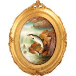 F MICKLEWRIGHT  A 19th Century painted convex Porcelain PLAQUE of a leaping Salmon; original