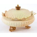 A ROYAL WORCESTER GILT EDGED BASKET WEAVE SHALLOW BOWL AND COVER with leaf work border and feet 18.
