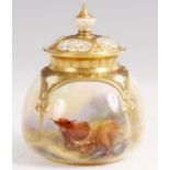 STINTON A ROYAL WORCESTER LOBED BULBOUS POTPOURRI VASE AND COVER with moulded gilt borders enclosing