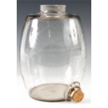 A LATE 19TH CENTURY CLEAR GLASS WATSON'S CELEBRATED DUNDEE WHISKY BARREL 28cm high