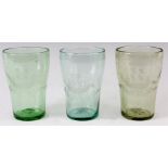 THREE 19TH CENTURY PALE GREEN SODA GLASS TUMBLERS each with etched sail ship decoration beneath