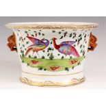 A 19TH CENTURY STAFFORDSHIRE LARGE JARDINIERE IN THE ORIENTAL STYLE with lions mask handles