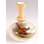 JAMES STINTON A ROYAL WORCESTER SQUAT BULBOUS CABINET VASE with gilt lined leaf moulded tapering