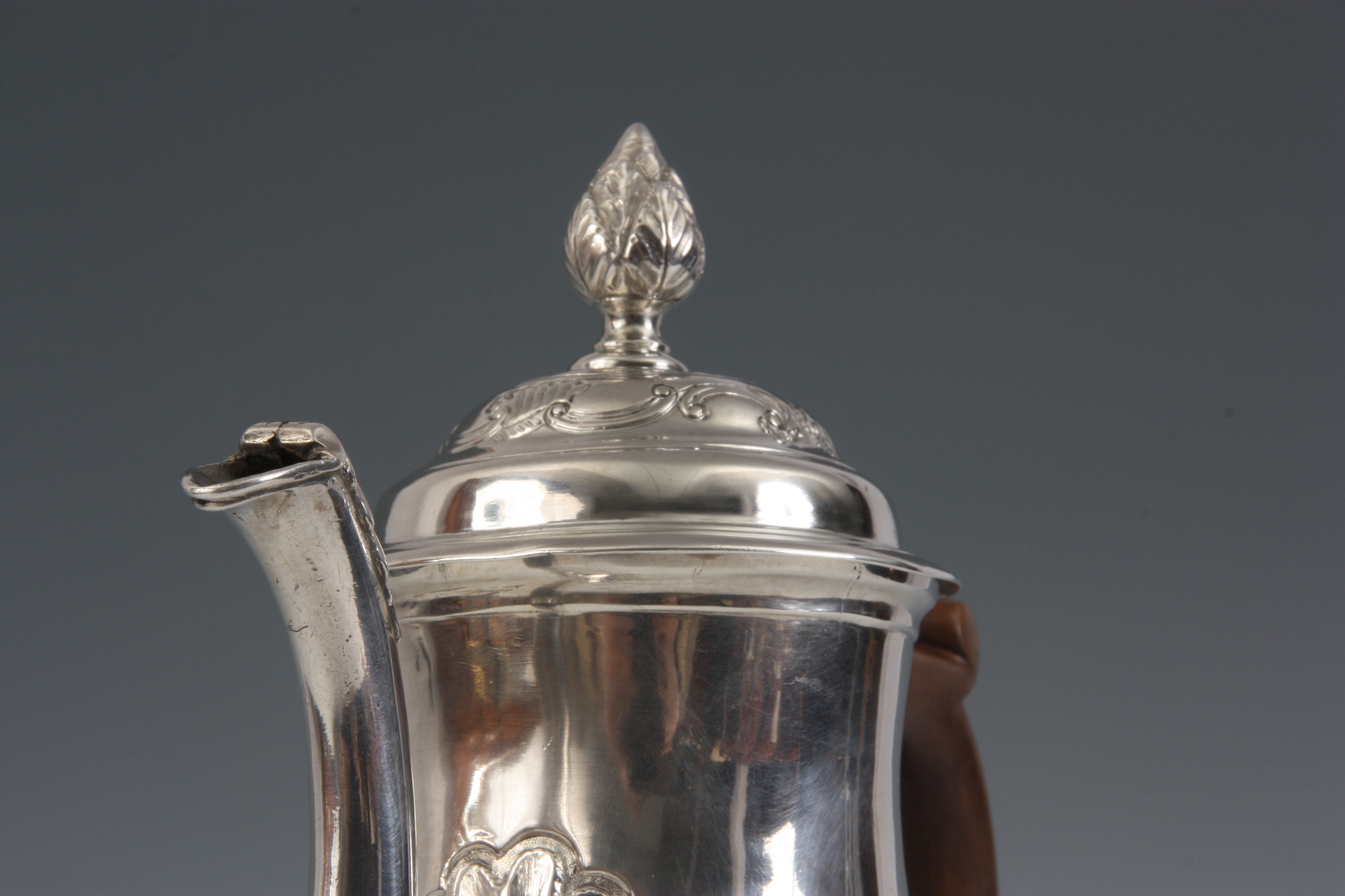 A GEORGE II SILVER COFFEE POT of footed slender slightly baluster form, the pear wood handle with - Image 3 of 5