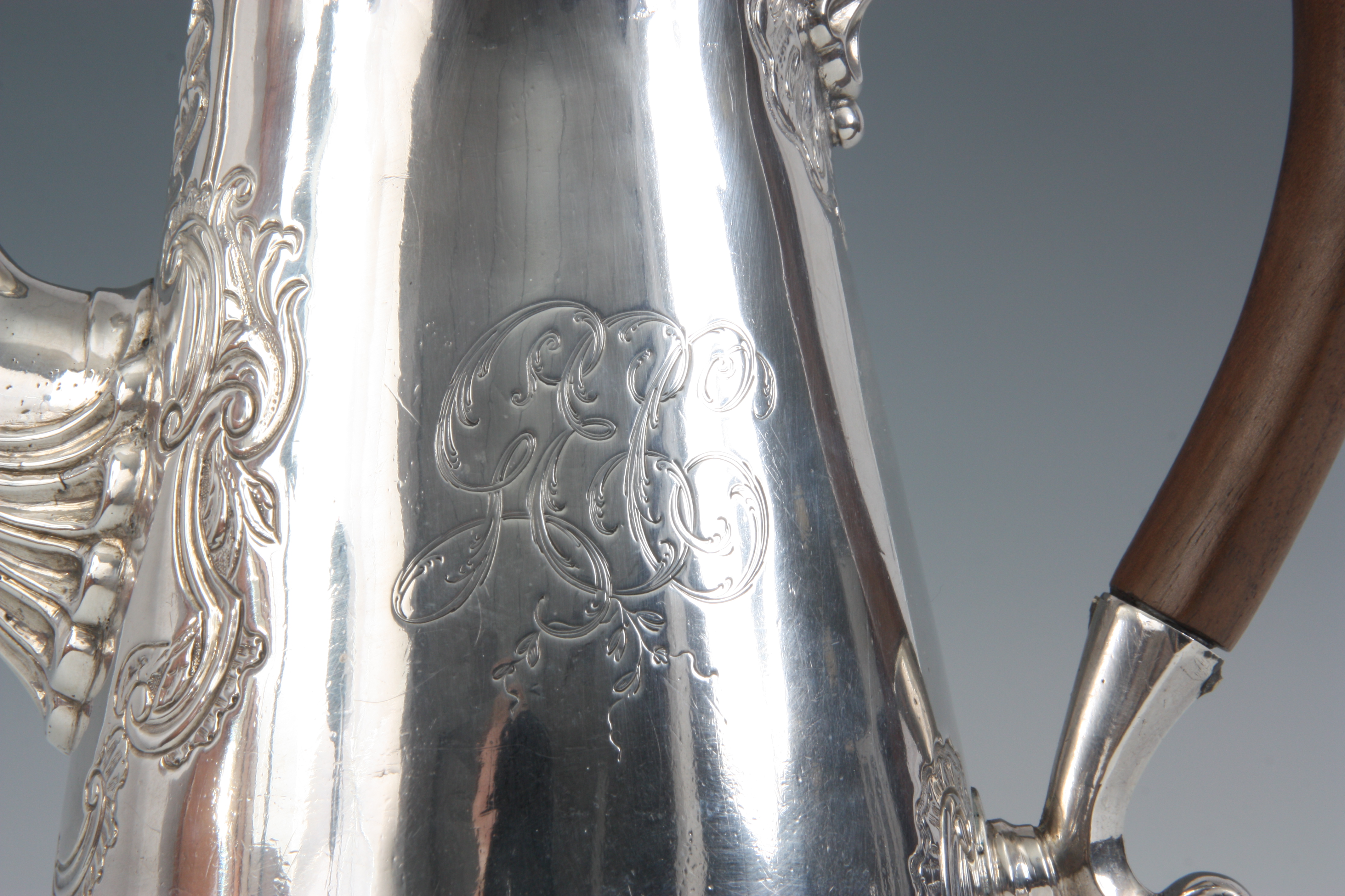 A GEORGE II SILVER COFFEE POT of footed slender slightly baluster form, the pear wood handle with - Image 4 of 5