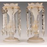 A PAIR OF LATE 19TH CENTURY FRENCH WHITE OPAQUE AND GILT DECORATED GLASS LUSTRES with circular bases