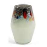 A SMALL OPALESCENT ART GLASS VASE of bulbous form with floral decorated rim 10.5cm high