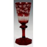 A 19TH CENTURY BOHEMIAN RUBY STAINED ETCHED GLASS GOBLET with octagonal foot and faceted knopped