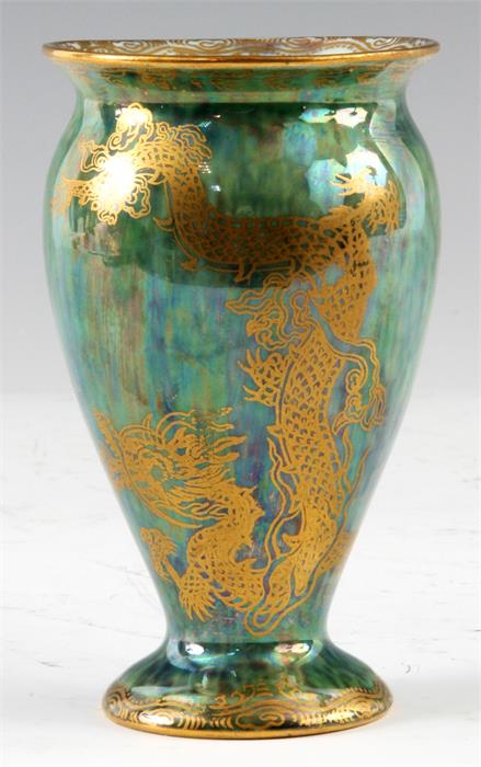 A LATE 19TH CENTURY WEDGEWOOD LUSTRE FLARED FOOTED VASE with everted rim decorated with gilt dragons