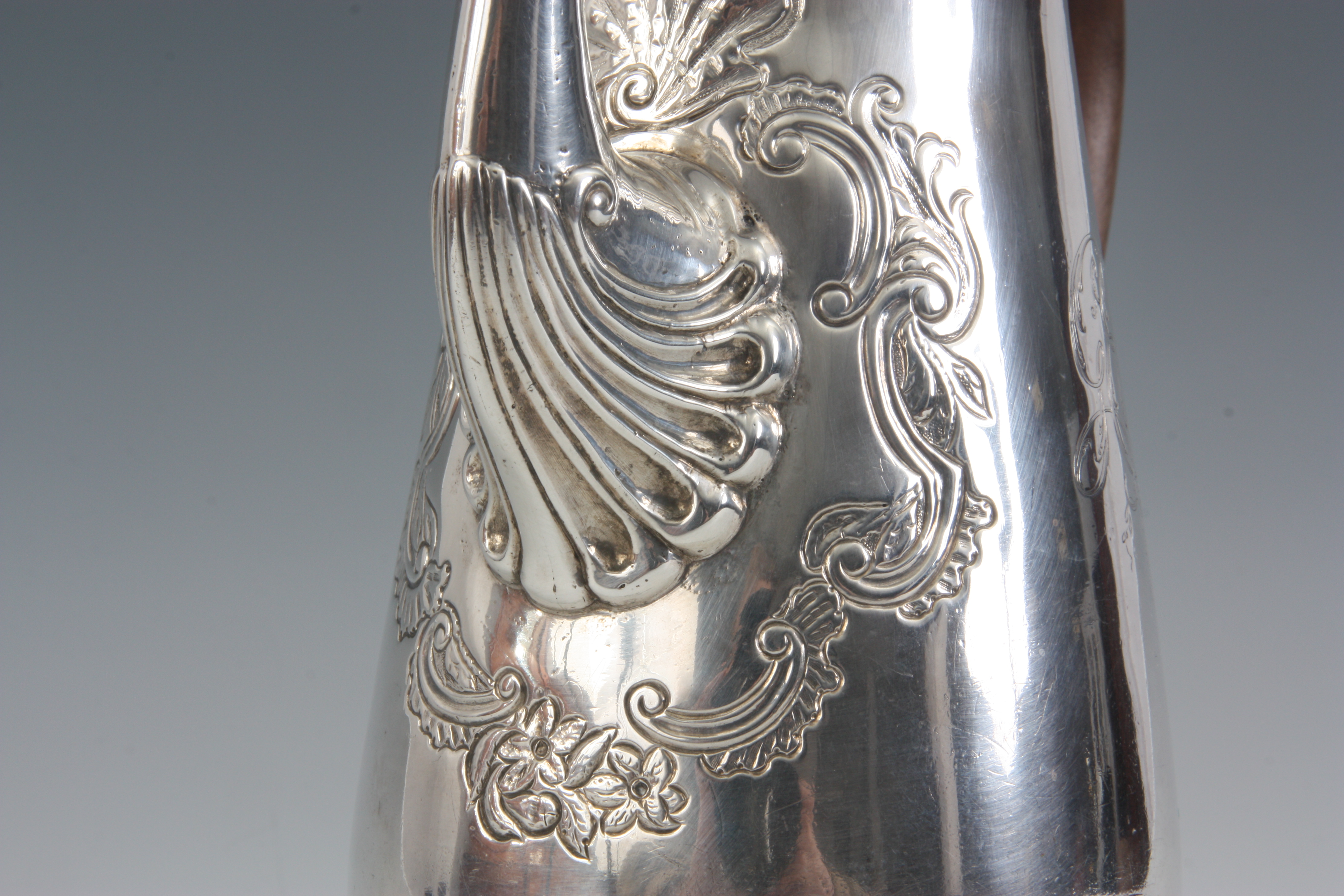 A GEORGE II SILVER COFFEE POT of footed slender slightly baluster form, the pear wood handle with - Image 2 of 5