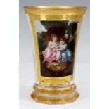 AN UNUSUAL 19TH CENTURY VIENNESE FLARED GLASS GOBLET with amber tinted faceted foot and lower body