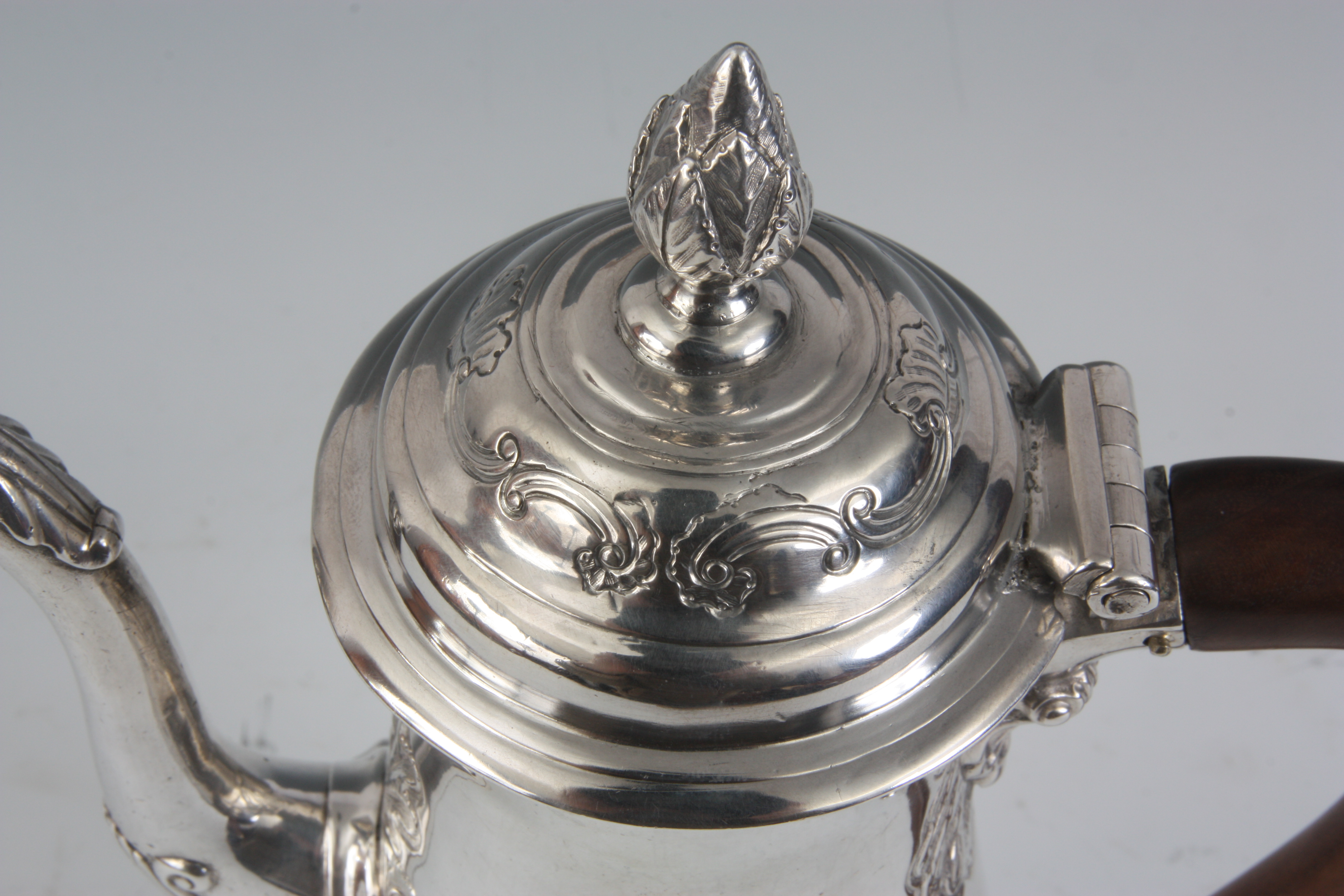 A GEORGE II SILVER COFFEE POT of footed slender slightly baluster form, the pear wood handle with - Image 5 of 5