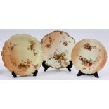 THREE DECORATIVE ROYAL WORCESTER BLUSHED IVORY CABINET PLATES with shaped gilt rimmed borders