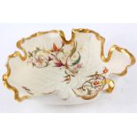 A ROYAL WORCESTER FANCY GILT SCALLOP EDGED LEAF WORK SHALLOW DISH finely decorated with colourful