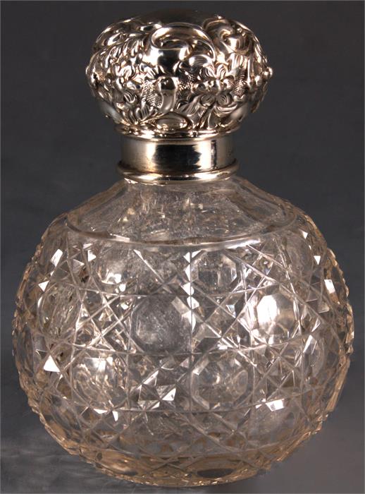 AN EDWARD VII BULBOUS HOBNAIL CUT GLASS Edward TOILETWATER BOTTLE and STOPPER with Silver neck mount
