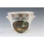 A LATE 19TH EARLY 20TH CENTURY IRONSTONE CREAM GLAZED TWO-HANDLED PURE MILK PAIL with a landscape